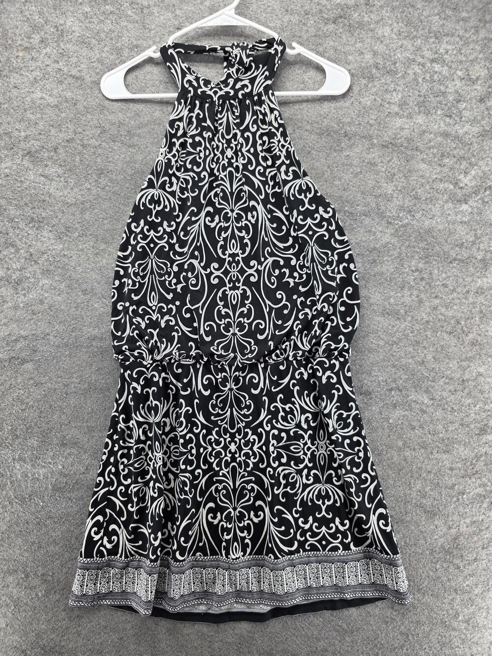 White House Black Market Dress Womens Small Black White Halter Scroll Print